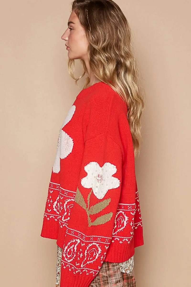 POL Flower Lace Patch Long Sleeve Sweater - Love Salve